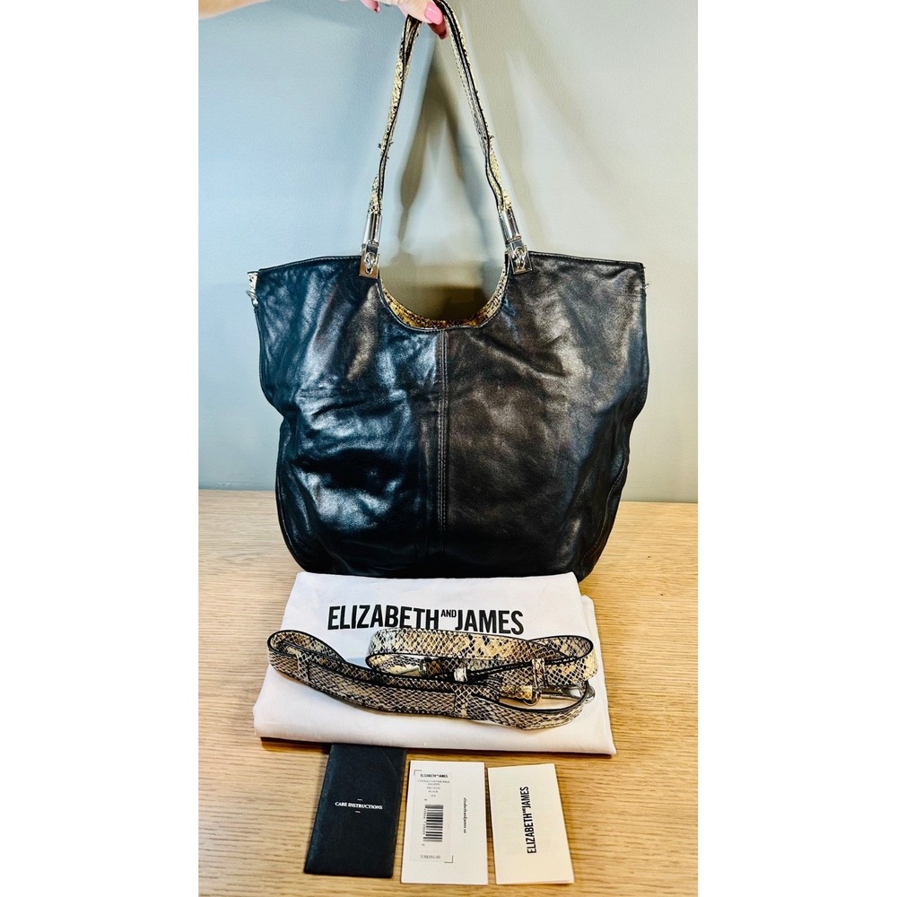 Elizabeth and James Cynnie Convertible Black Leather Tote Python Strap $595